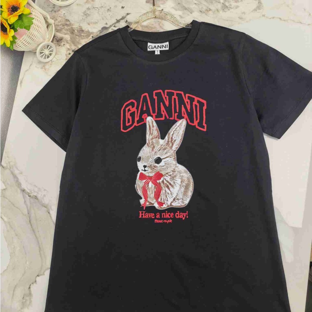Ganni Black Tee with Red Logo and Bunny Graphic Have a Nice Day Tee - Picture 3 of 6
